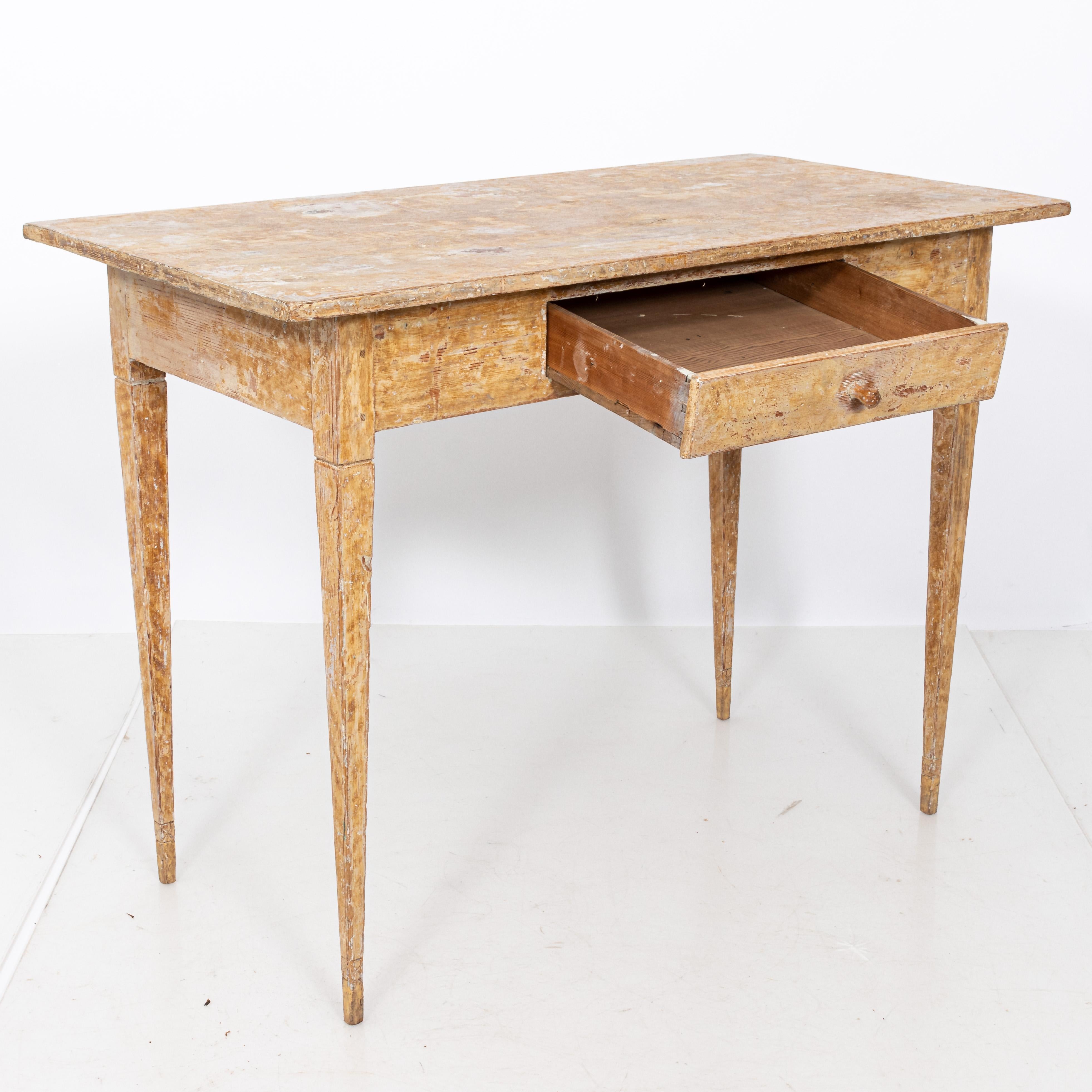 Late 18th Century Gustavian Writing Desk with a single drawer with original pull. Historic paint dry scraped to original layer.


