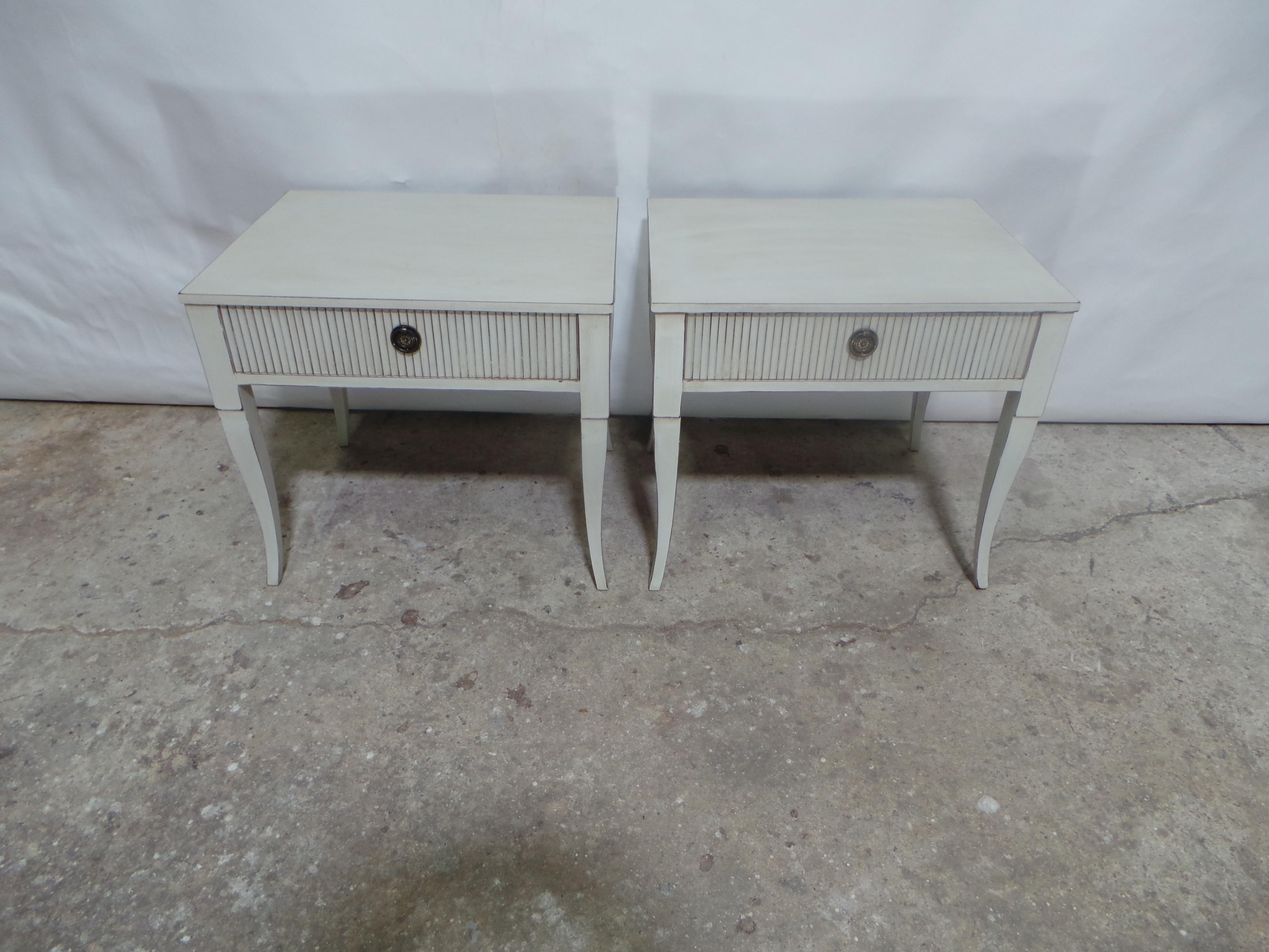 This is a unique set of 2 Gustavian style side tables with drawers.  They have just been restored and repainted with Milk Paints 