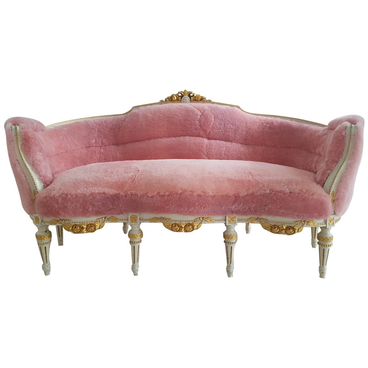 Gustavian Style Sofa with Pink Shearling Upholstery