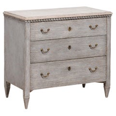 Gustavian Style Swedish 19th Century Three-Drawer Gray Painted and Carved Chest