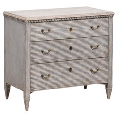 Antique Gustavian Style Swedish 19th Century Three-Drawer Gray Painted and Carved Chest