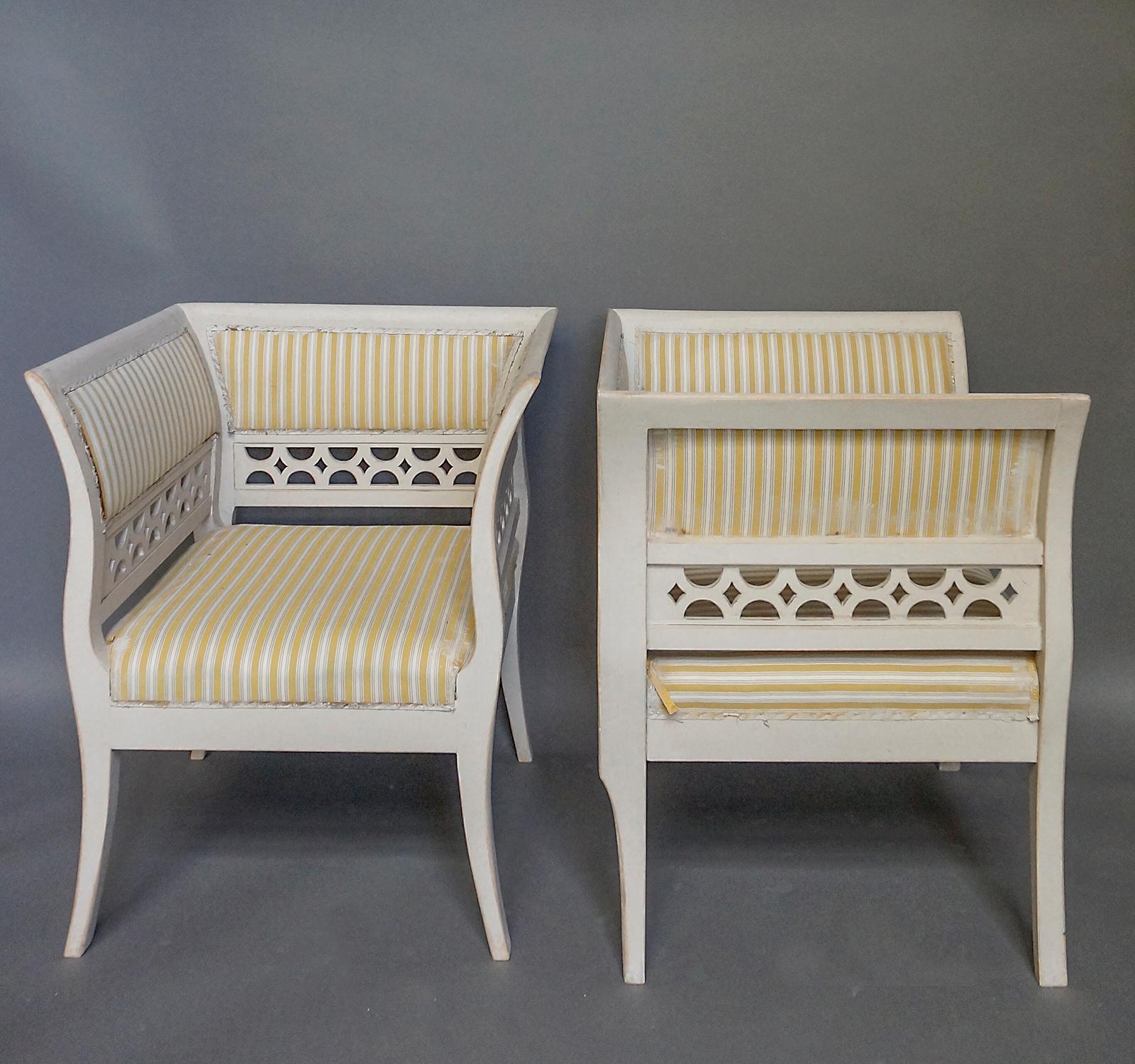 Carved Gustavian Style Swedish Armchairs in Rare Form