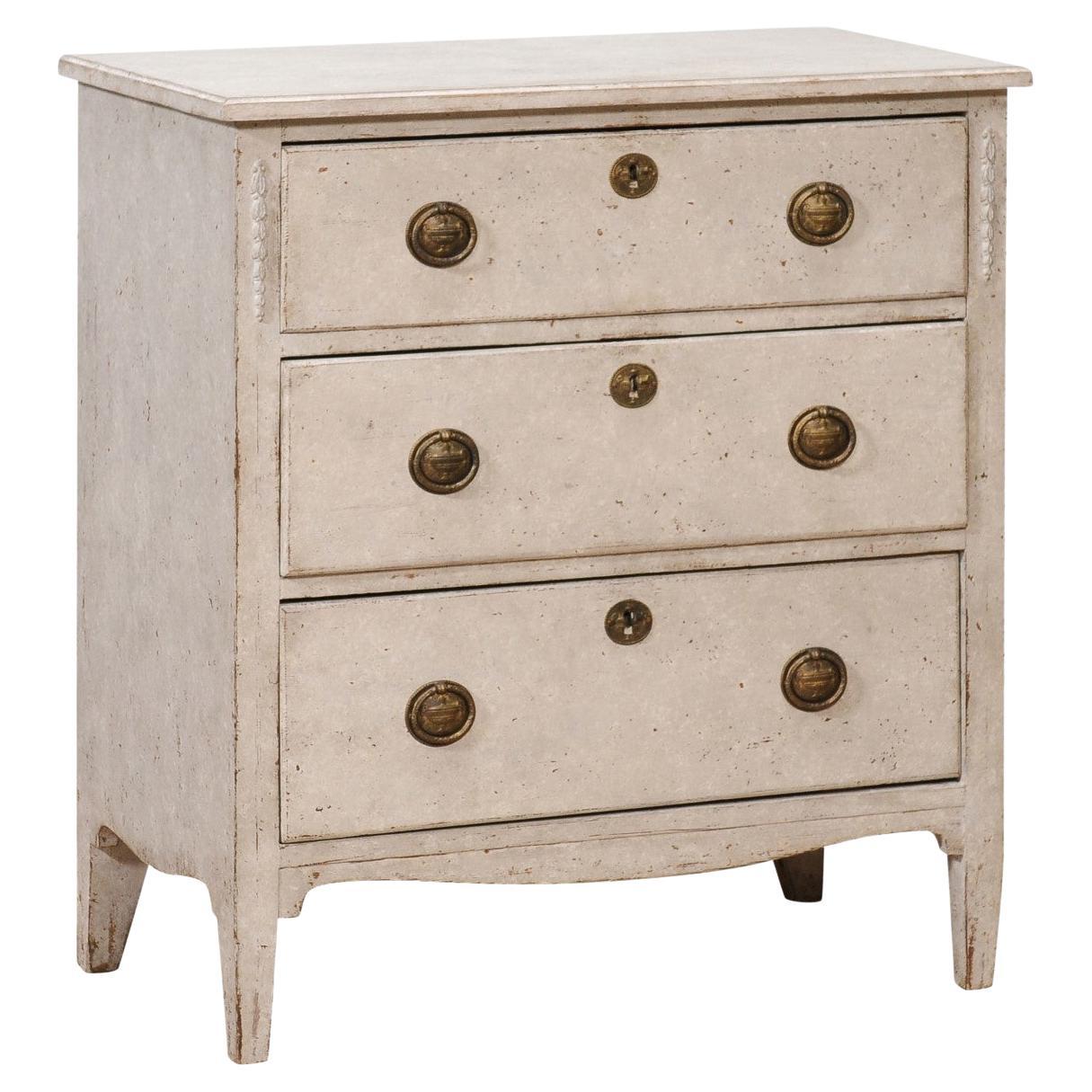 Gustavian Style Swedish Light Grey Painted Three-Drawer Chest with Carved Posts For Sale