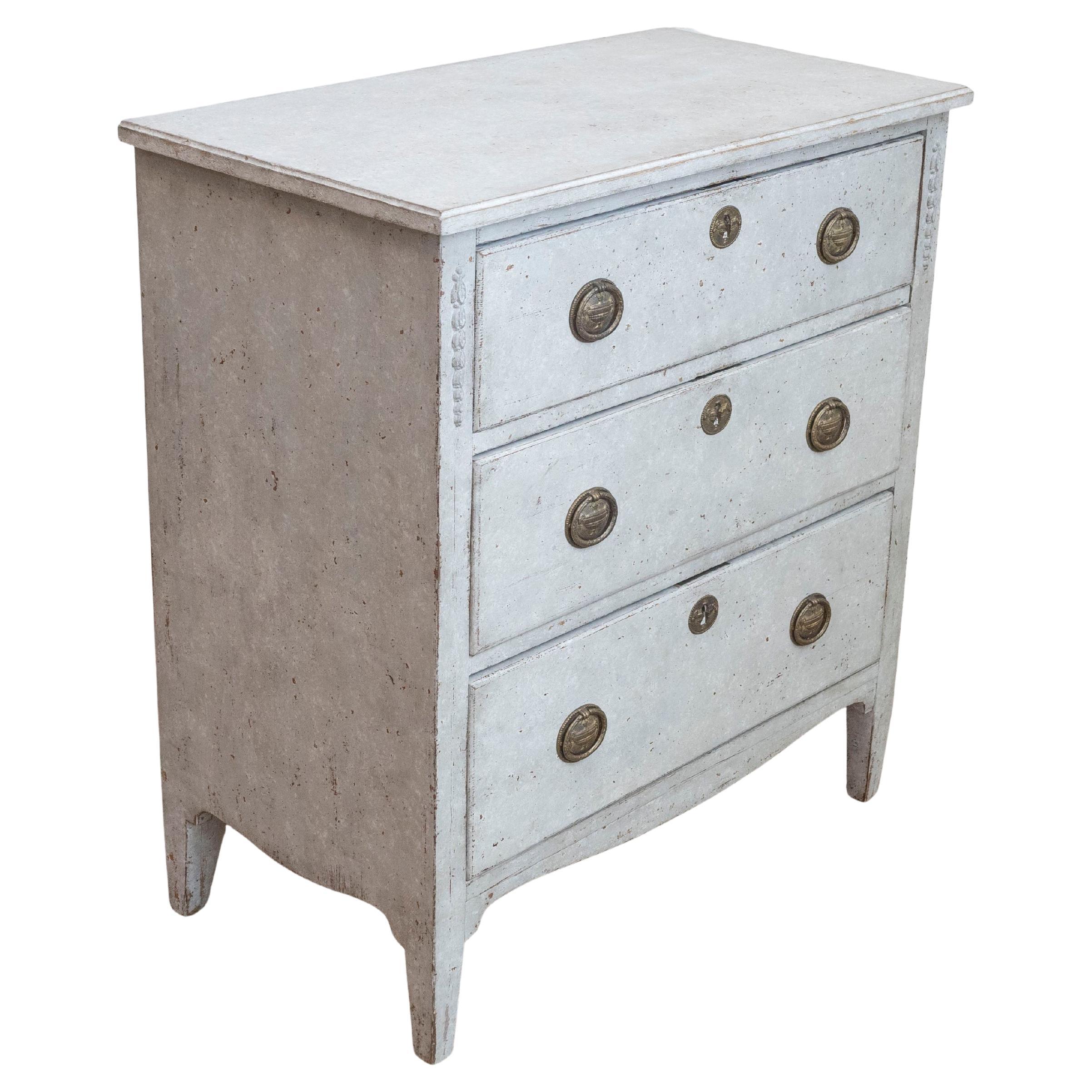 Gustavian Style Swedish Light Grey Painted Three-Drawer Chest with Carved Posts