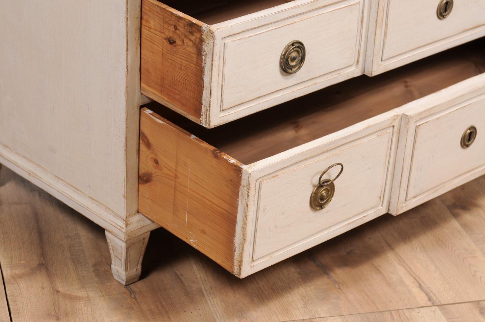 Wood Gustavian Style Swedish Off White Painted Three-Drawer Breakfront Chests, a Pair