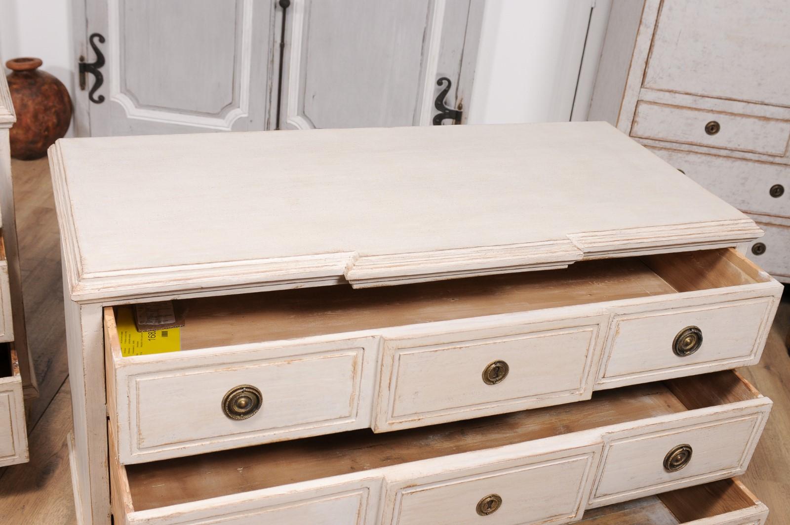 Gustavian Style Swedish Off White Painted Three-Drawer Breakfront Chests, a Pair For Sale 2