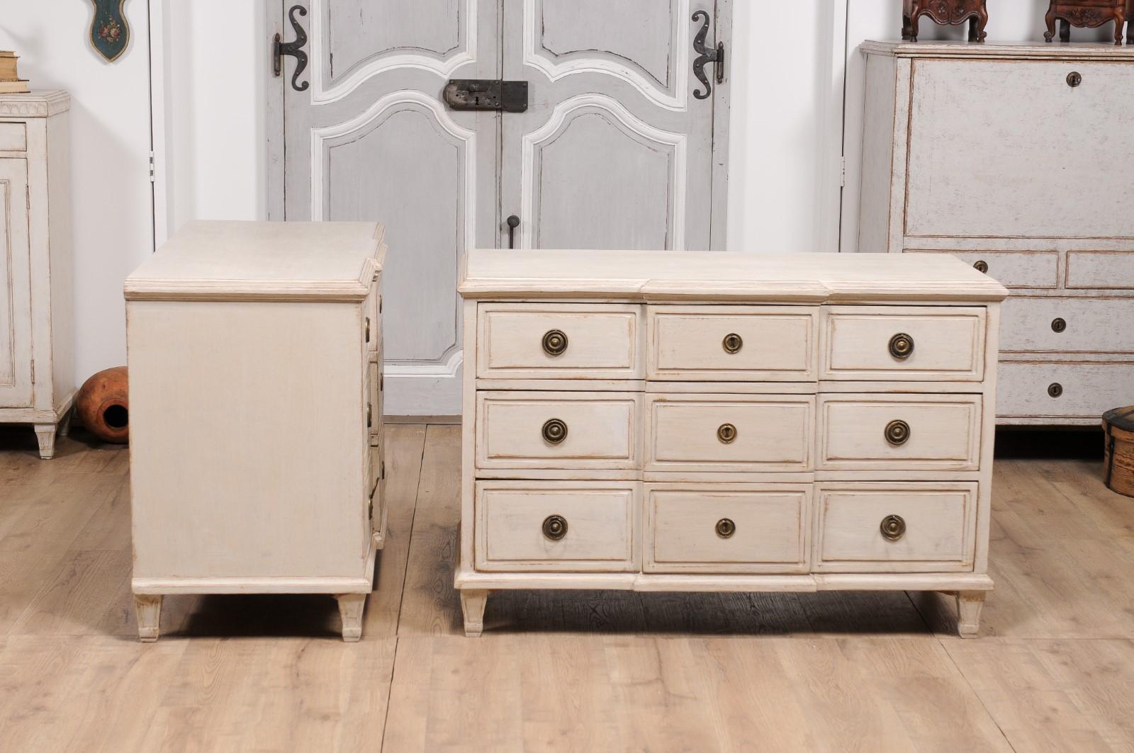 Gustavian Style Swedish Off White Painted Three-Drawer Breakfront Chests, a Pair 3