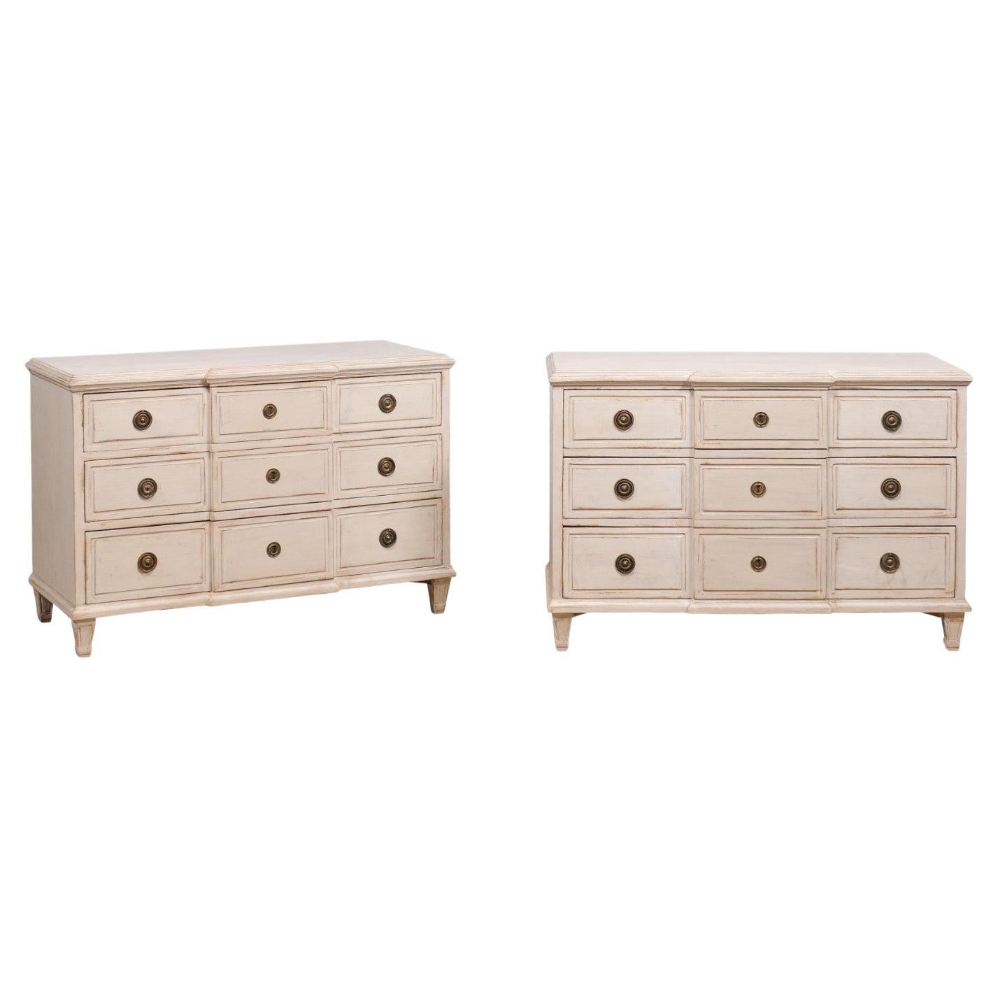 Gustavian Style Swedish Off White Painted Three-Drawer Breakfront Chests, a Pair