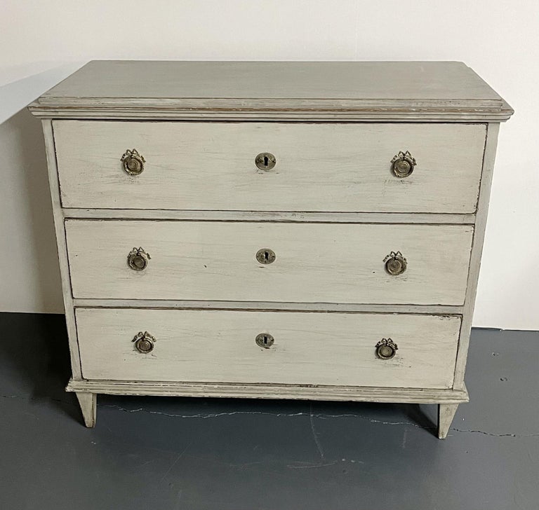 Gustavian Style Swedish Paint Decorated Dresser / Nightstand, Brass