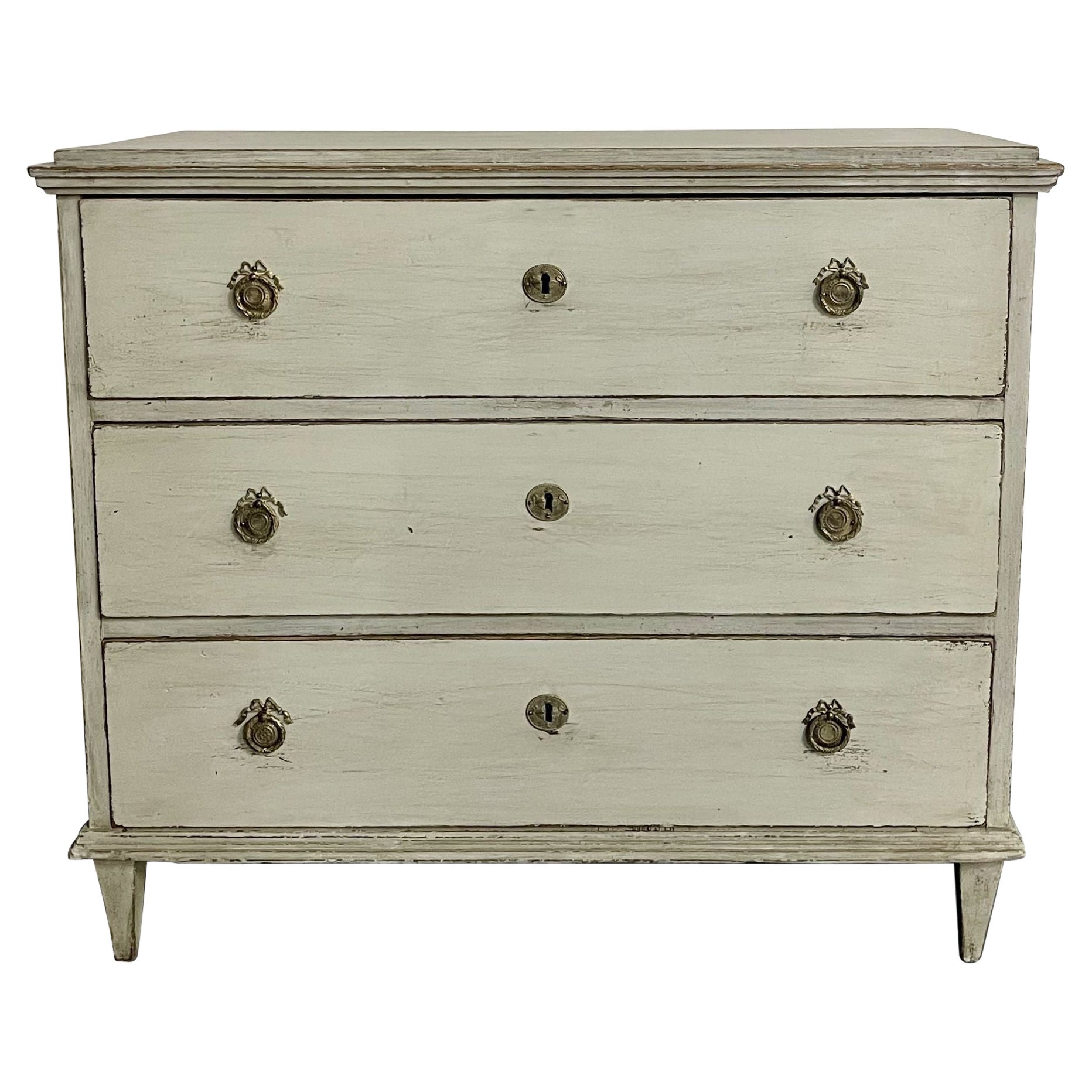 Gustavian Style Swedish Paint Decorated Dresser / Nightstand, Brass, 19th Cent