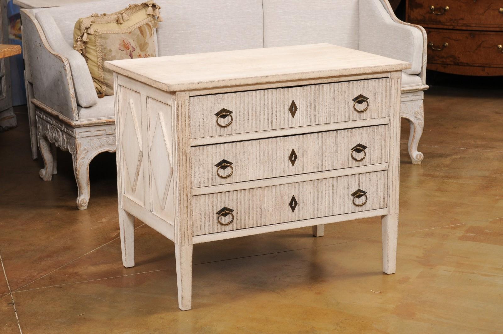 Swedish Gustavian Style Three-Drawer Chest with Carved Reeded Motifs, 19th Century For Sale
