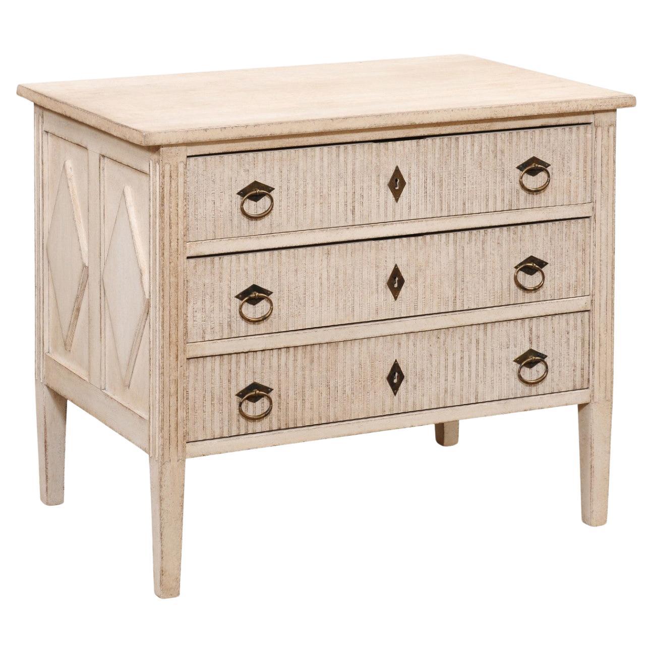 Gustavian Style Three-Drawer Chest with Carved Reeded Motifs, 19th Century For Sale
