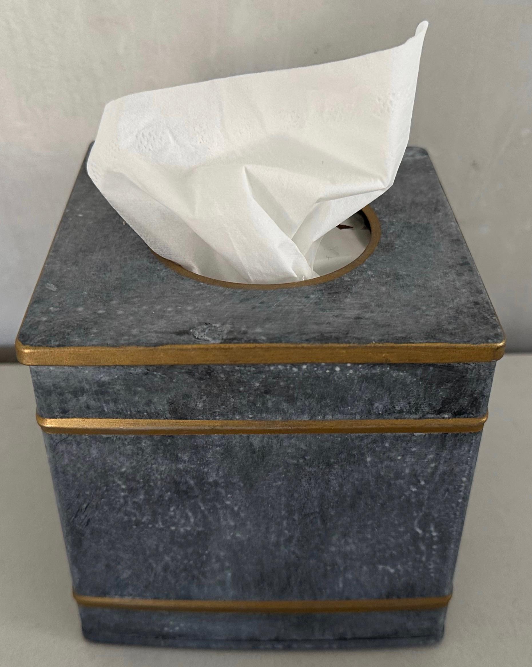 Add a neoclassical country touch to your countertop or nightstand with a gold gilt edge grey painted galvanized tissue box cover. Add fashion and protection for your facial tissue. Enhance the old fashioned feel of your bathroom by adding a