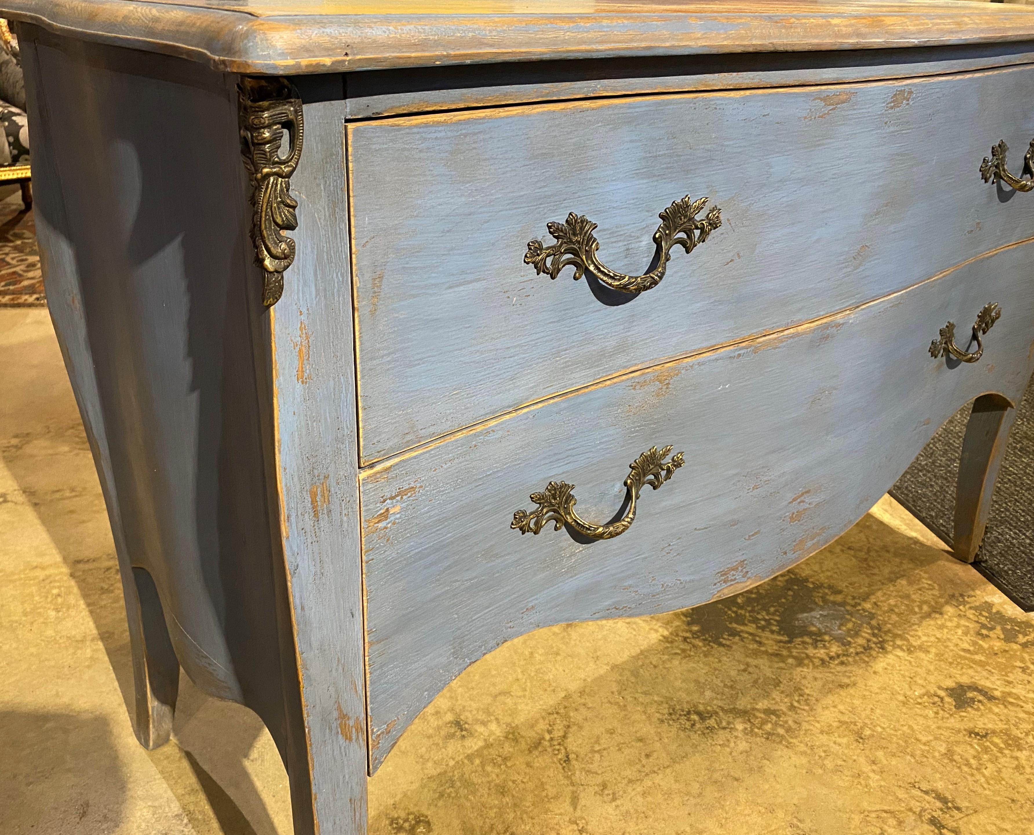 European Gustavian Style Two Drawer Commode in Blue Paint