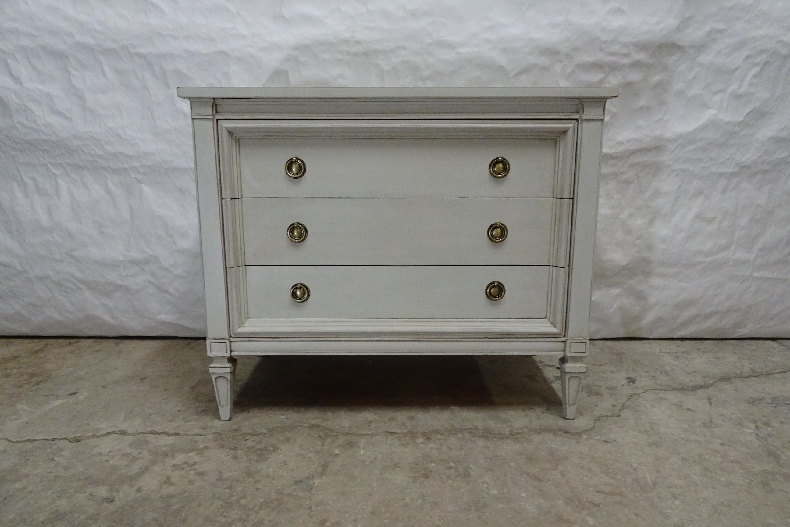 This is a Gustavian Style Unique 3 Drawer Chest of Drawers. Its been restored and repainted with Milk Paints 