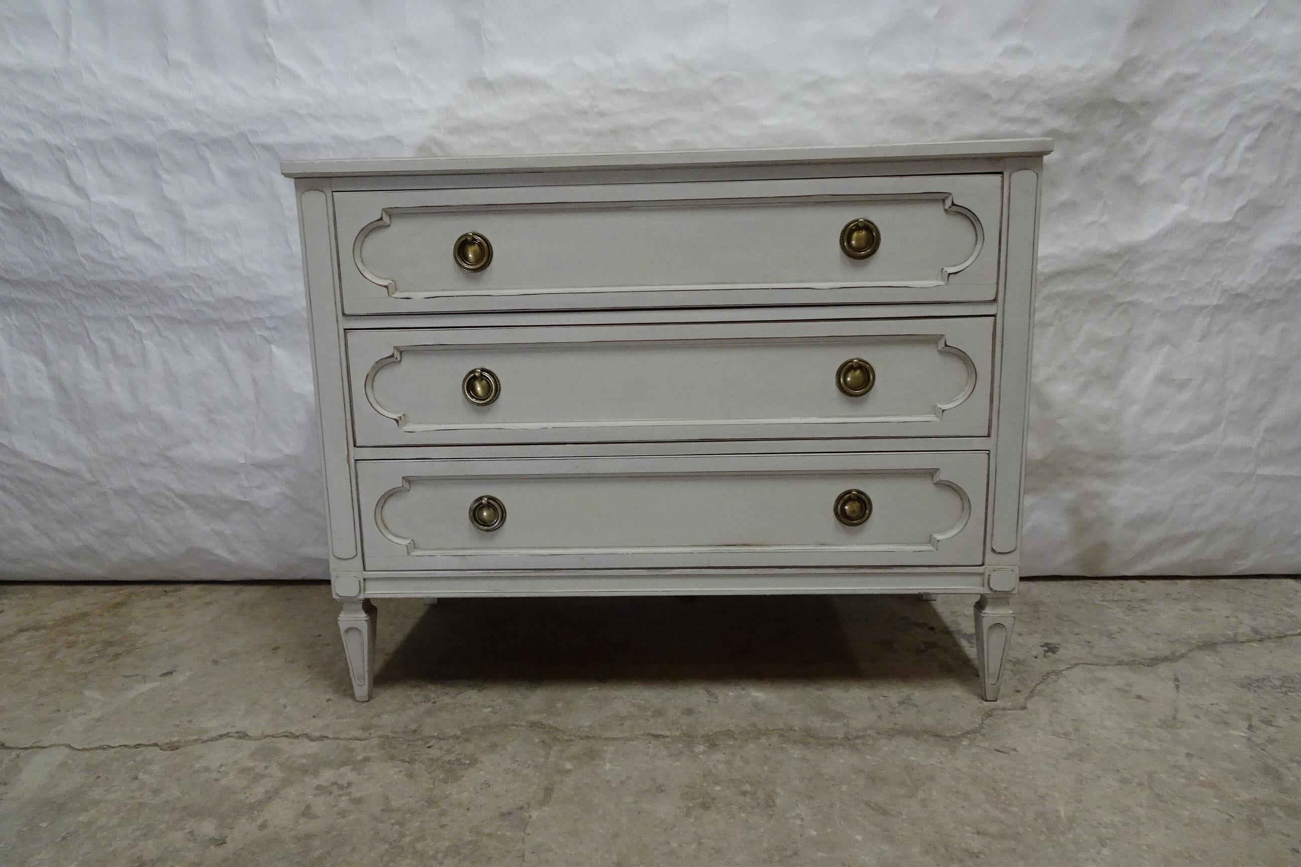 This is a Gustavian Style Unique 3 Drawer Chest Of Drawers. Its been restored and repainted with Milk Paints 