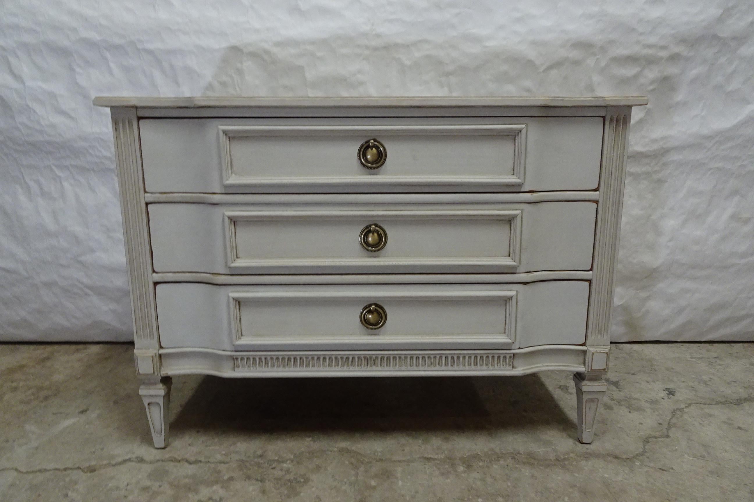 This is a Gustavian Style Unique 3 Drawer Chest of Drawers . Its been restored and repainted with Milk Paints 