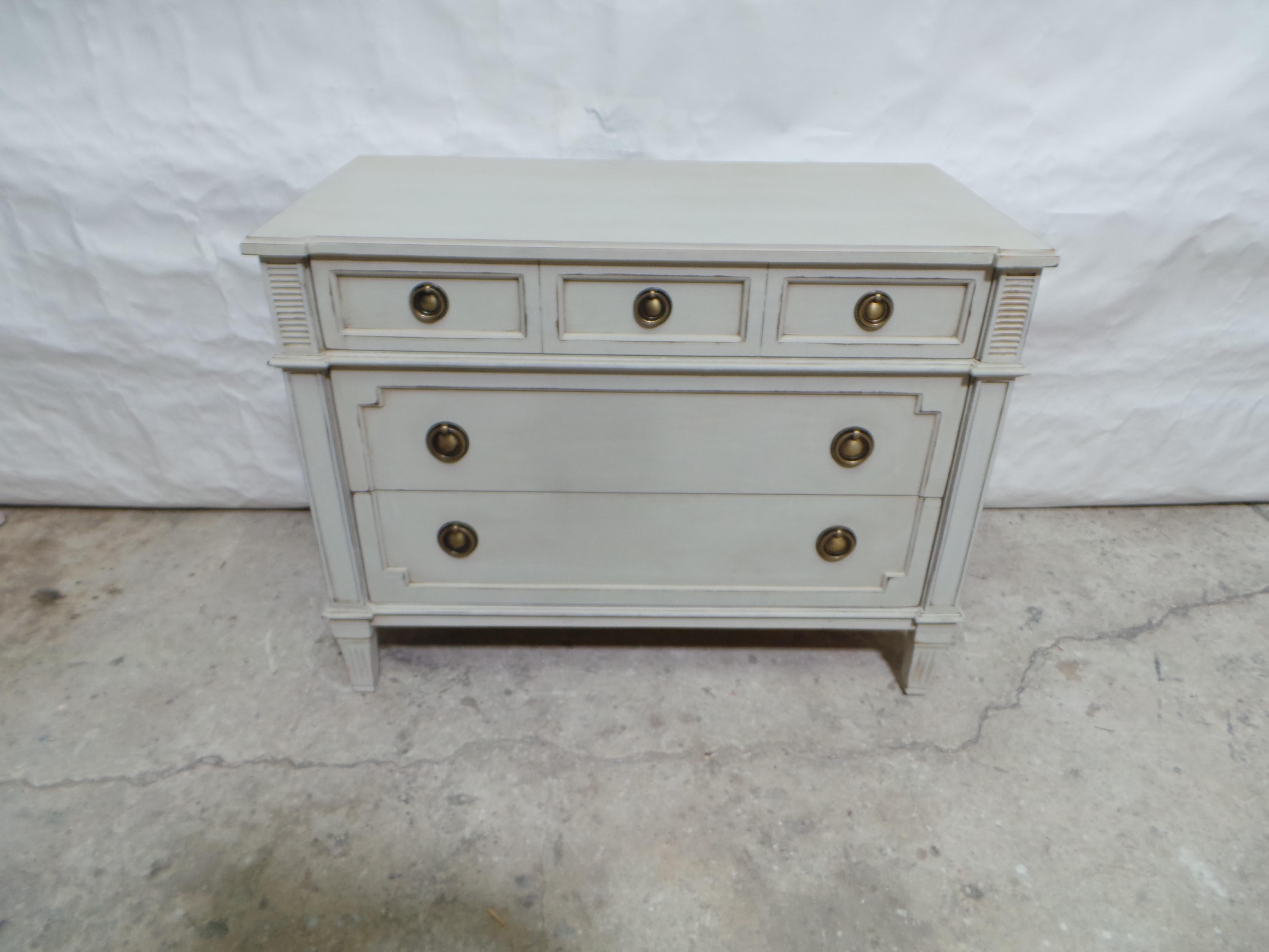 This is a Gustavian Style Unique 3 Drawer Chest of Drawers, its been restored and repainted with Milk Paints 
