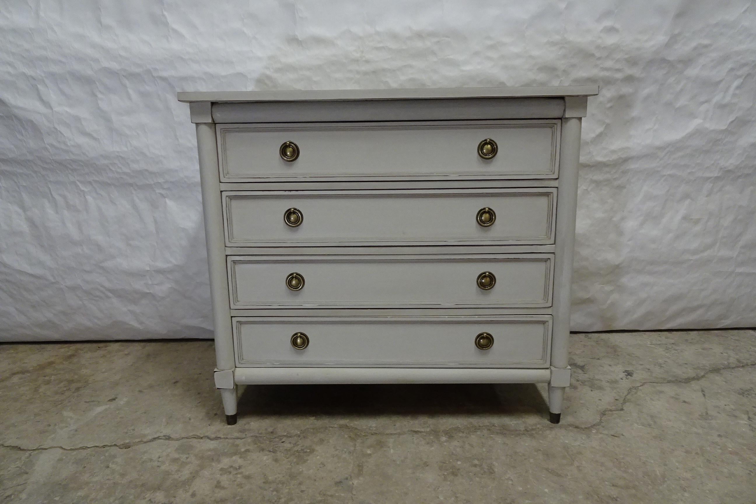 This is a Gustavian Style Unique 4 Drawer Chest Of Drawers . its been restored and repainted with Milk paints 