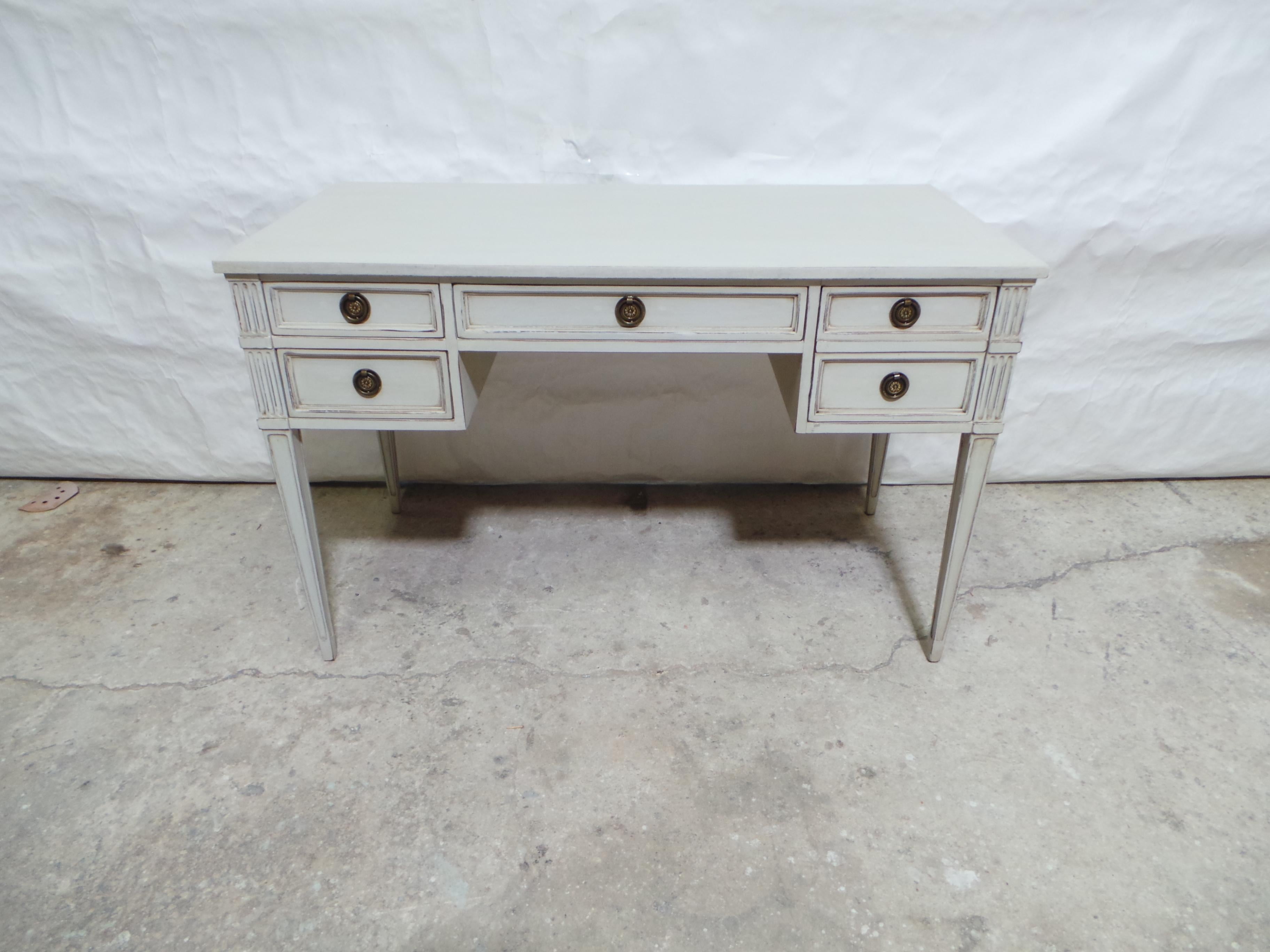 This is a Gustavian Style Unique 5 Drawer Desk. its  been restored and repainted with Milk Paints 