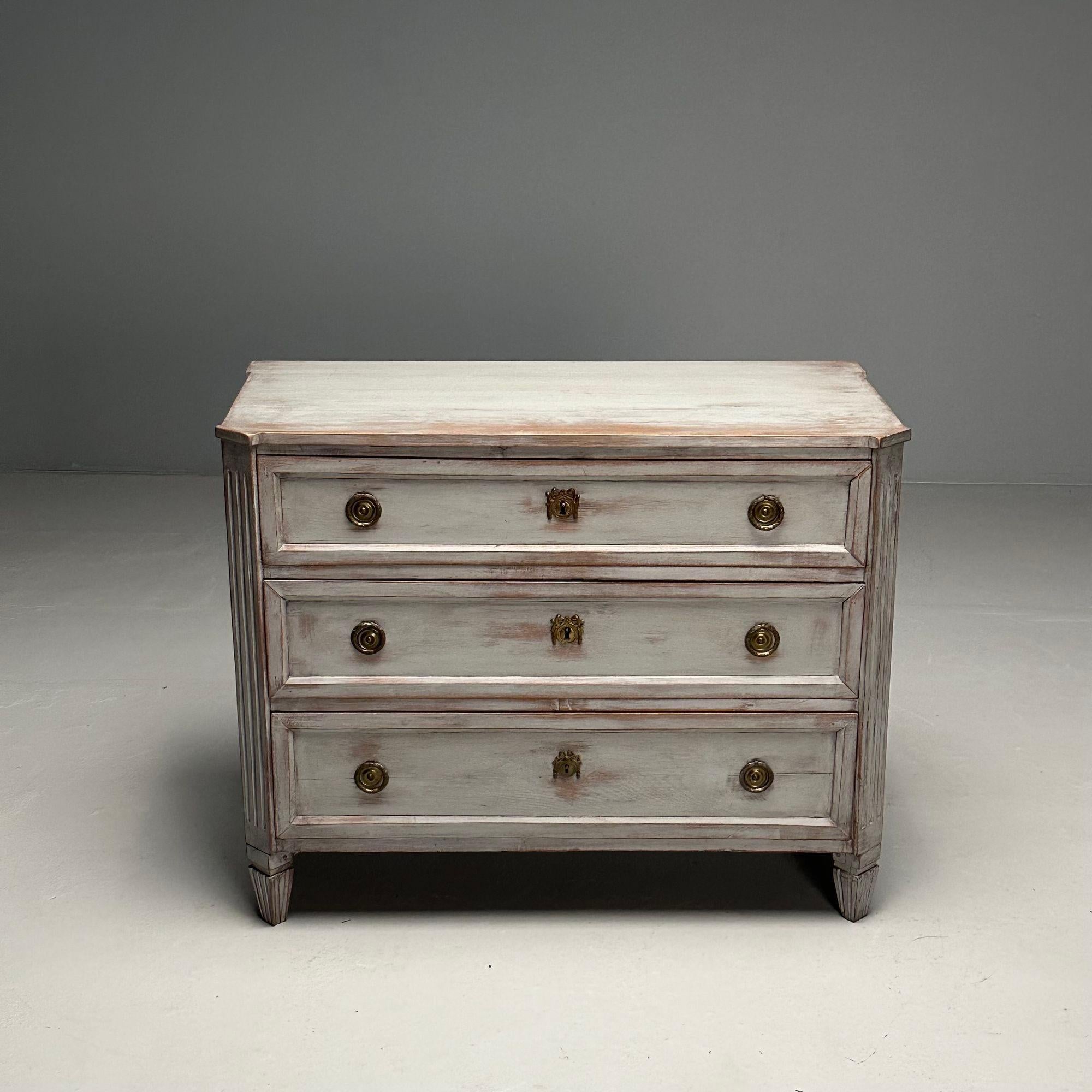 19th Century Gustavian, Swedish Commode, Gray Paint Distressed, Brass, Sweden, 1800s For Sale