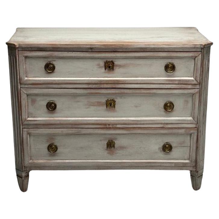 Gustavian, Swedish Commode, Gray Paint Distressed, Brass, Sweden, 1800s For Sale