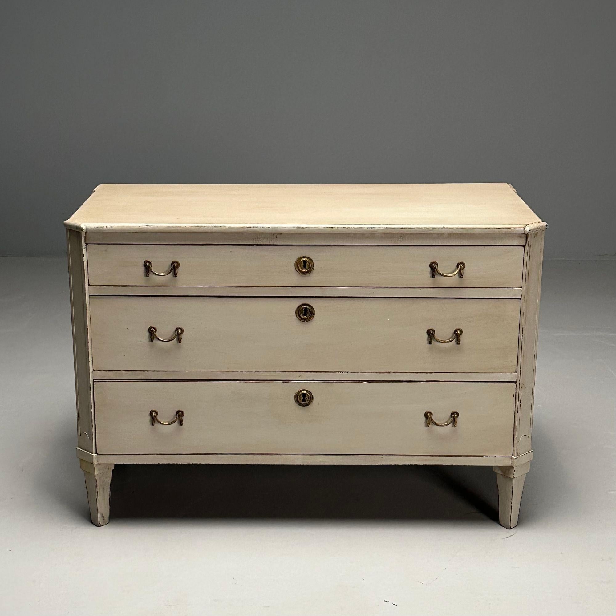 Early 20th Century Gustavian, Swedish Commode, Gray Paint Distressed, Brass, Sweden, 1900s For Sale