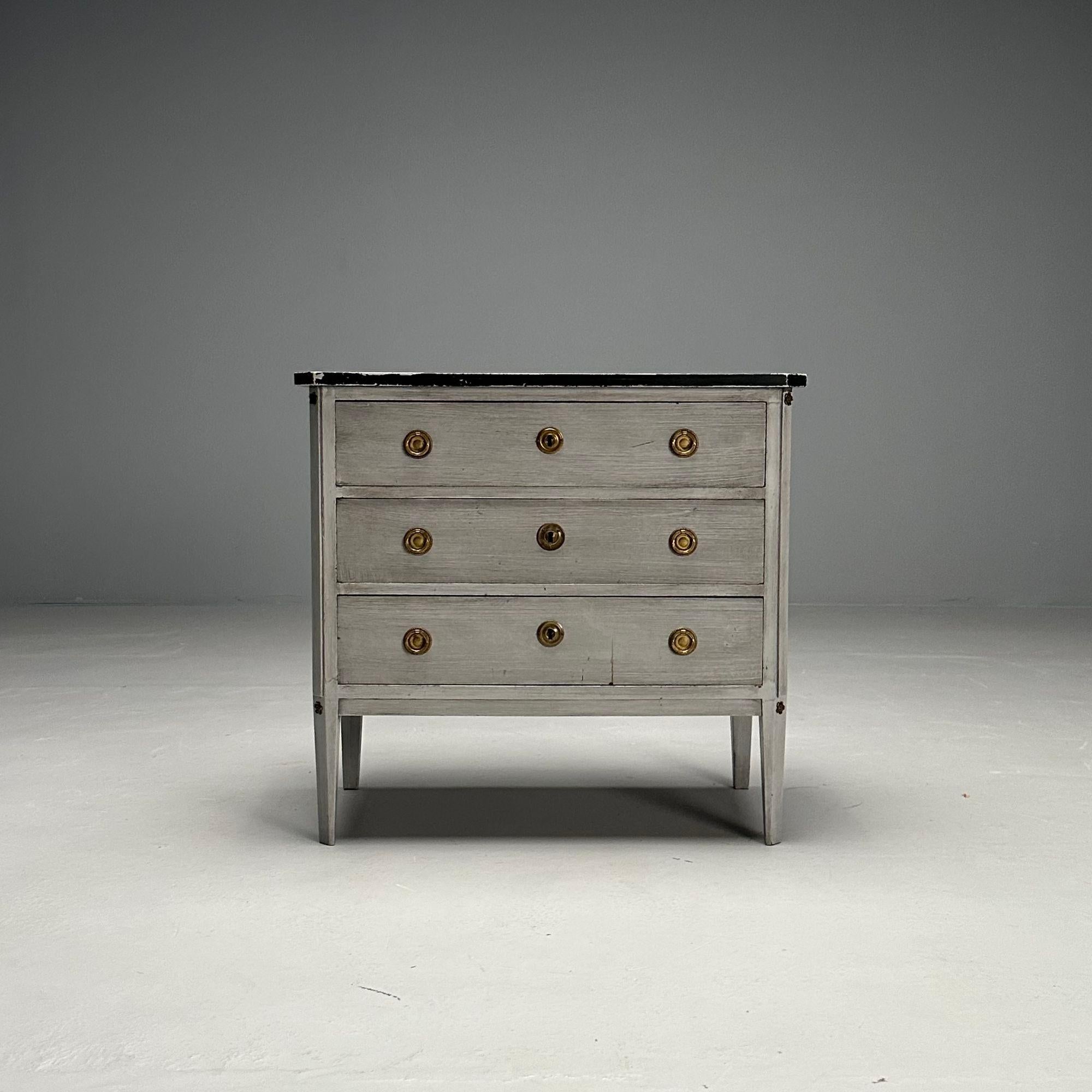 Gustavian, Swedish Commode, Gray Paint Distressed, Sweden, 1950s

Gustavian chest of drawers with a gray paint distressed finish designed and produced in Sweden circa 1950s. This example features a black painted imitation stone top and three