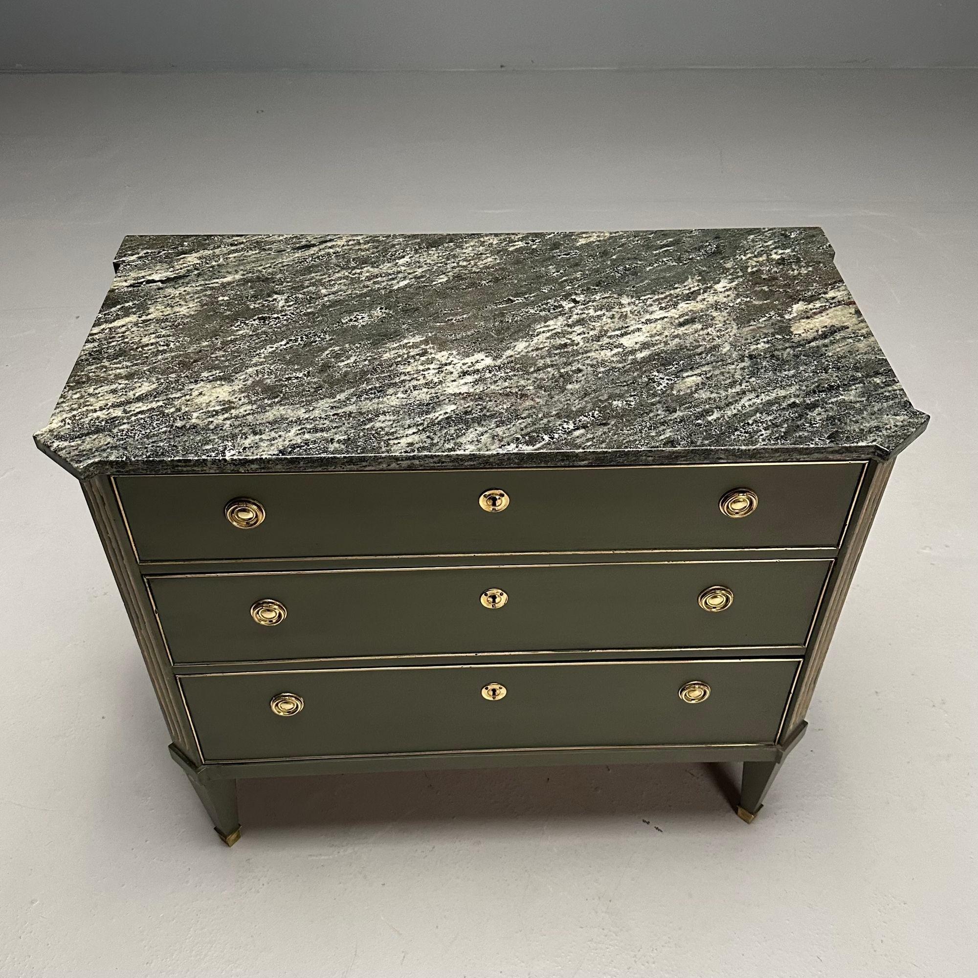 Gustavian, Swedish Commode, Green Paint, Marble, Brass, Sweden, 1980s For Sale 6