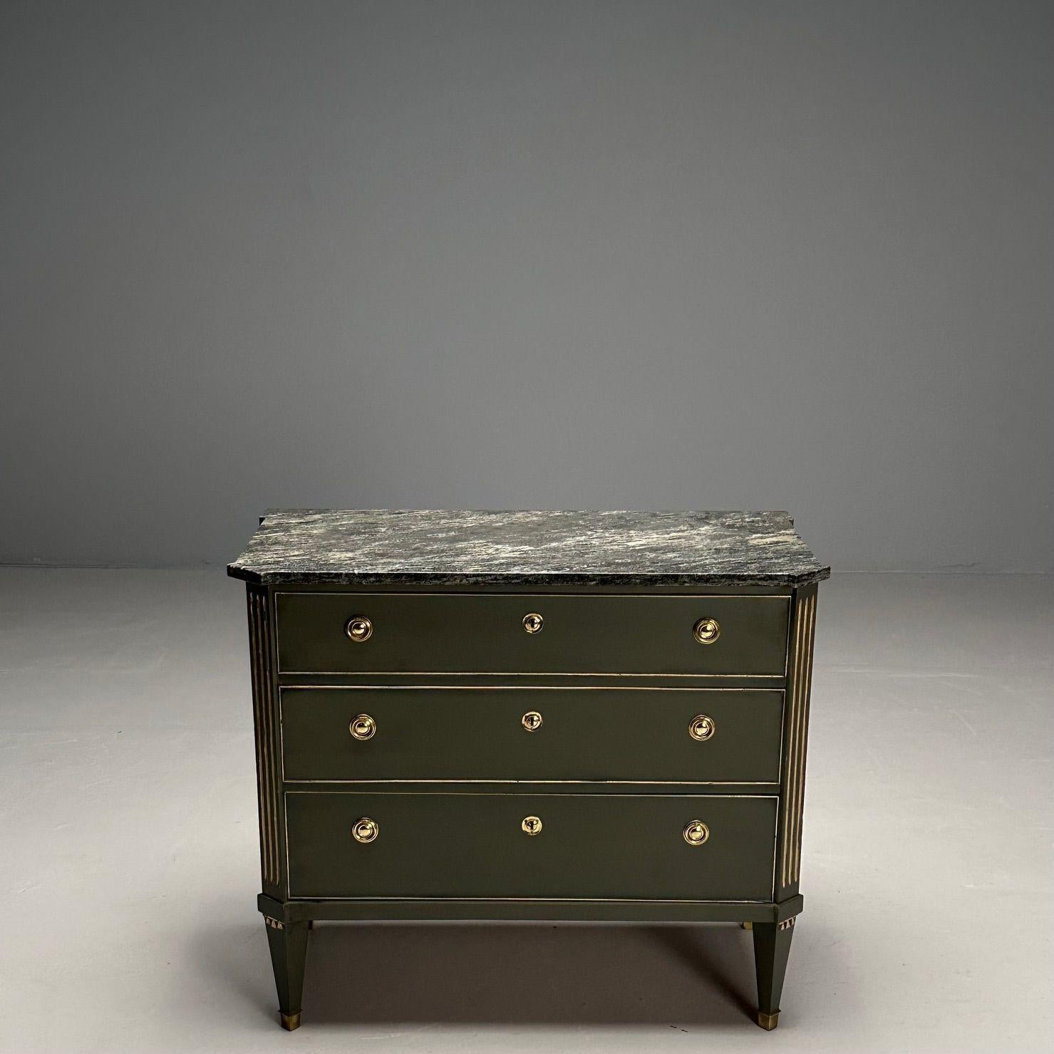 Gustavian, Swedish Commode, Louis XVI Style, Green Paint, Marble, Brass, Sweden, 1980s

Gustavian chest of drawers or dresser designed and produced in Sweden in the later half of the 20th century. Having a marble top, fluted sides, and three drawers