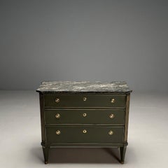 Gustavian, Swedish Commode, Green Paint, Marble, Brass, Sweden, 1980s