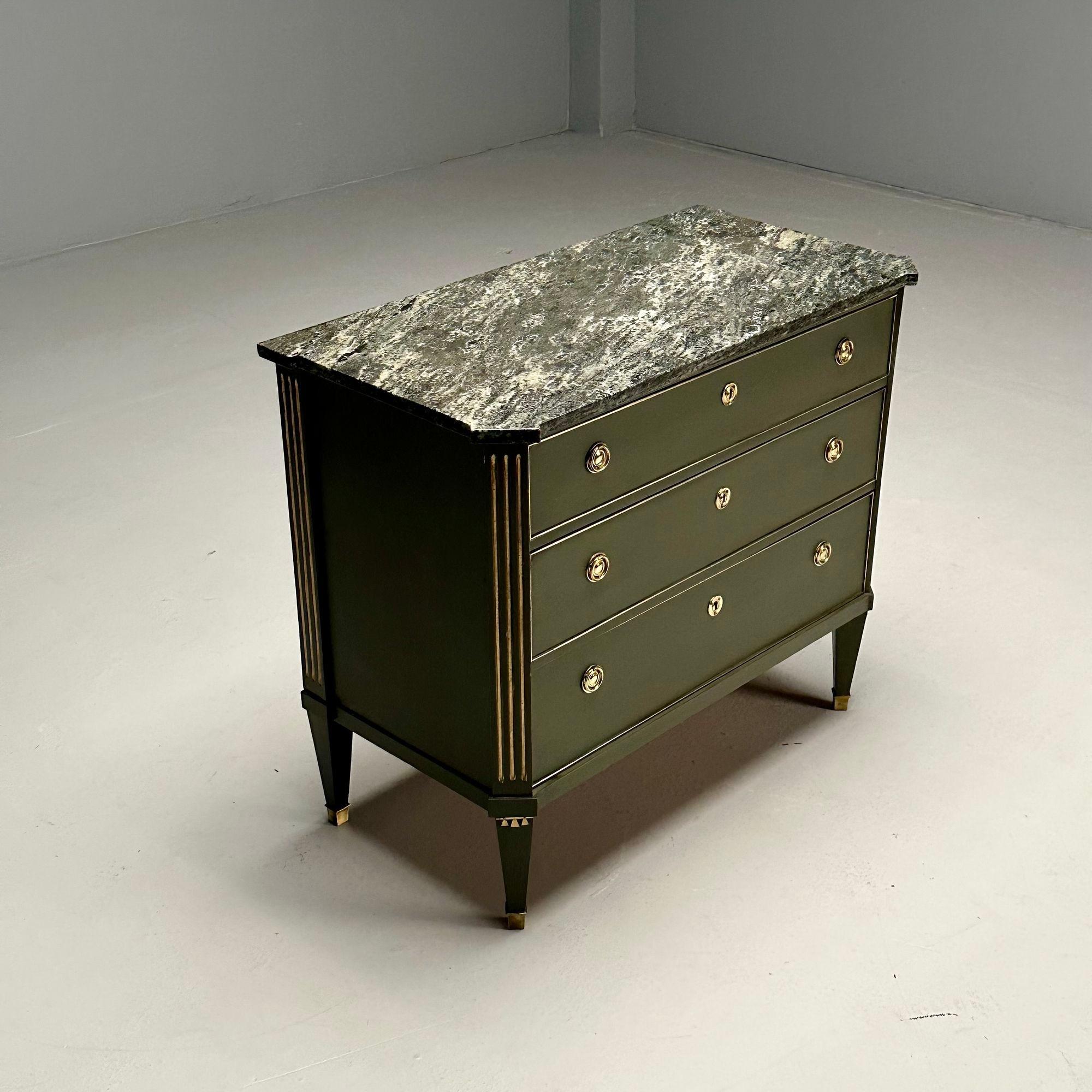 Gustavian, Swedish Commode, Green Paint, Marble, Brass, Sweden, 1980s In Good Condition For Sale In Stamford, CT