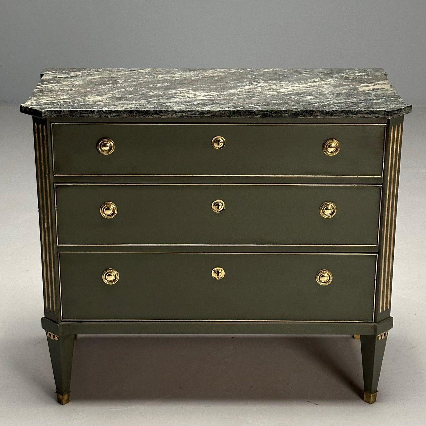 Late 20th Century Gustavian, Swedish Commode, Green Paint, Marble, Brass, Sweden, 1980s For Sale