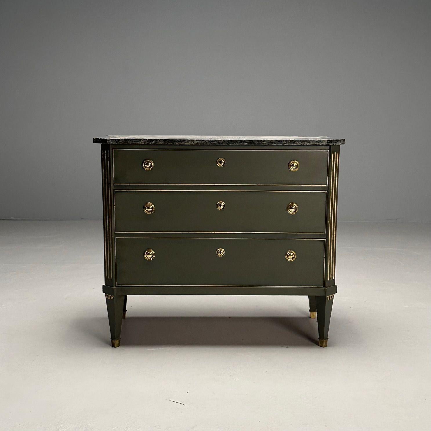 Gustavian, Swedish Commode, Green Paint, Marble, Brass, Sweden, 1980s For Sale 1