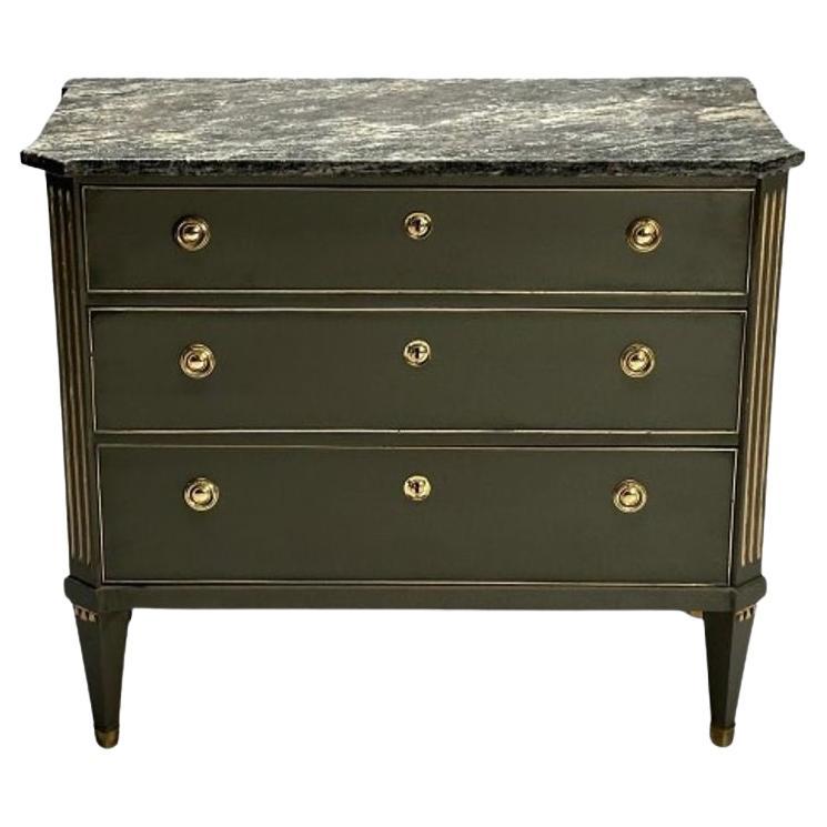 Gustavian, Swedish Commode, Green Paint, Marble, Brass, Sweden, 1980s For Sale