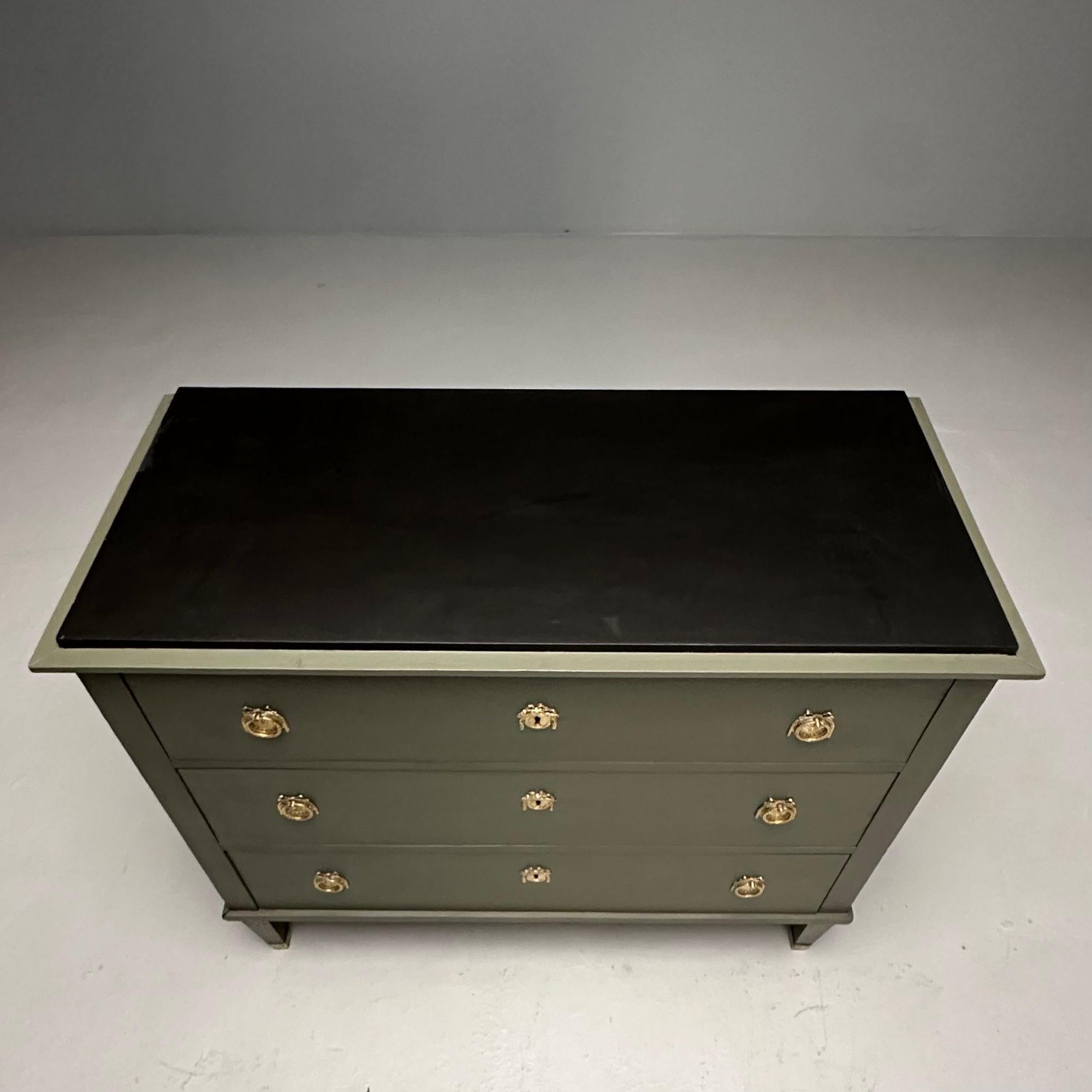 Gustavian, Swedish Commode, Green Paint, Pinewood, Brass, Sweden, 1970s For Sale 2