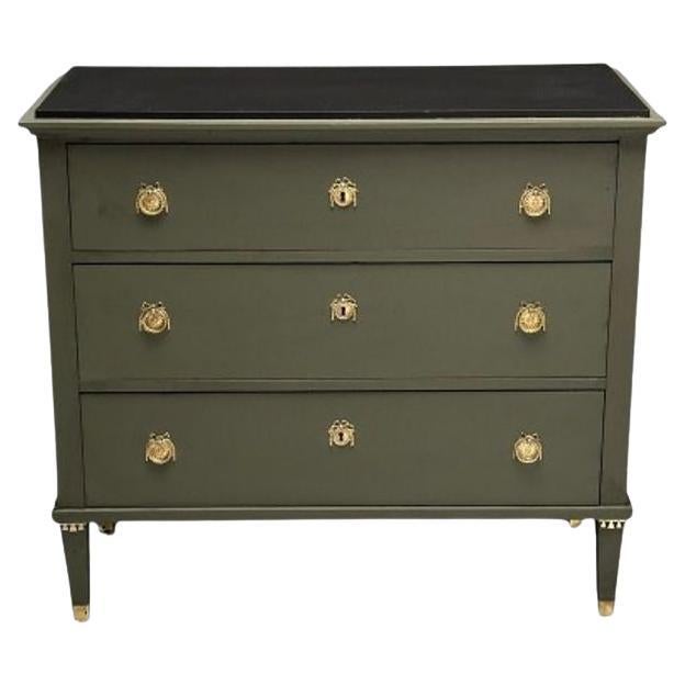 Gustavian, Swedish Commode, Green Paint, Pinewood, Brass, Sweden, 1970s For Sale