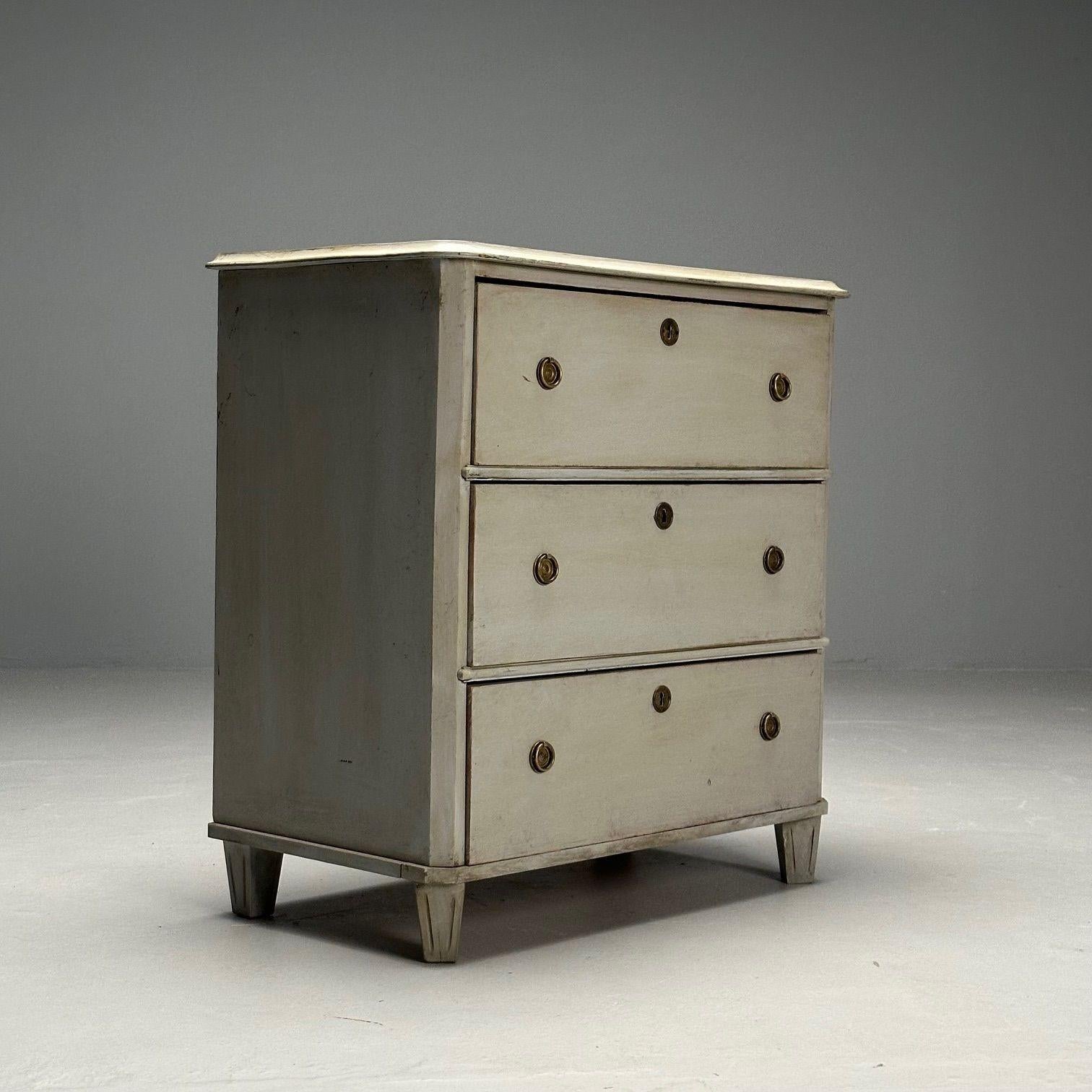 Gustavian, Swedish Commode, Grey Paint Distressed, Brass, Sweden, 1930s In Distressed Condition For Sale In Stamford, CT