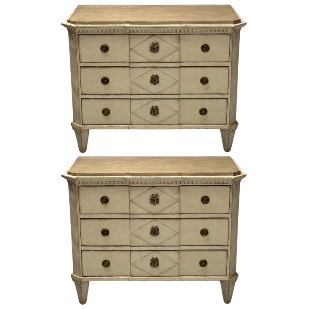 Gustavian, Swedish Commodes, Beige Paint Distressed, Brass, Sweden, 19th C. For Sale
