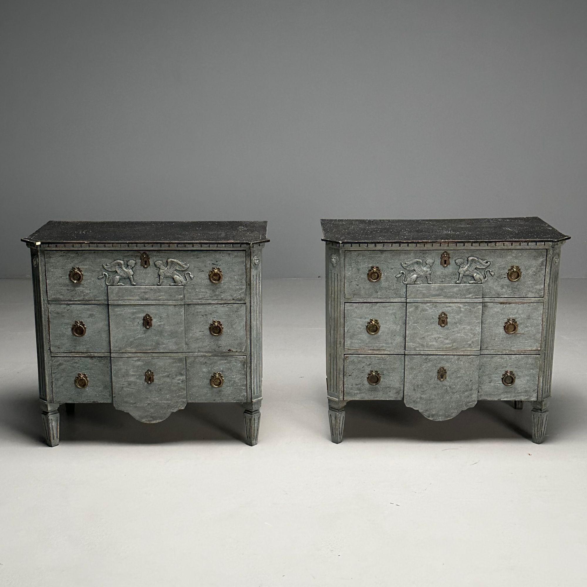 Gustavian, Swedish Commodes, Blue Paint Distressed, Brass, Sweden, 19th C. In Good Condition For Sale In Stamford, CT
