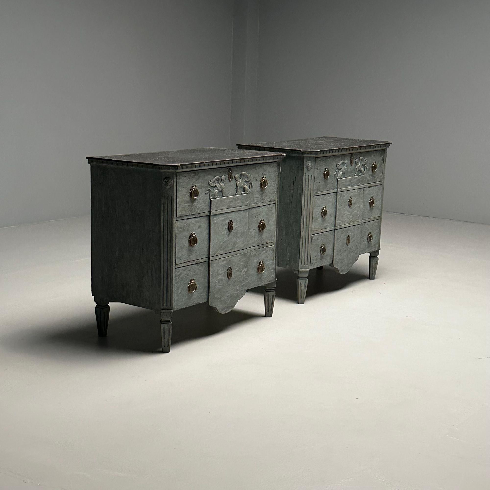 Late 19th Century Gustavian, Swedish Commodes, Blue Paint Distressed, Brass, Sweden, 19th C. For Sale