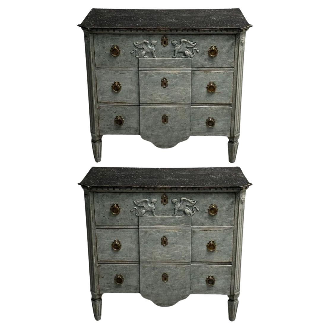 Gustavian, Swedish Commodes, Blue Paint Distressed, Brass, Sweden, 19th C. For Sale