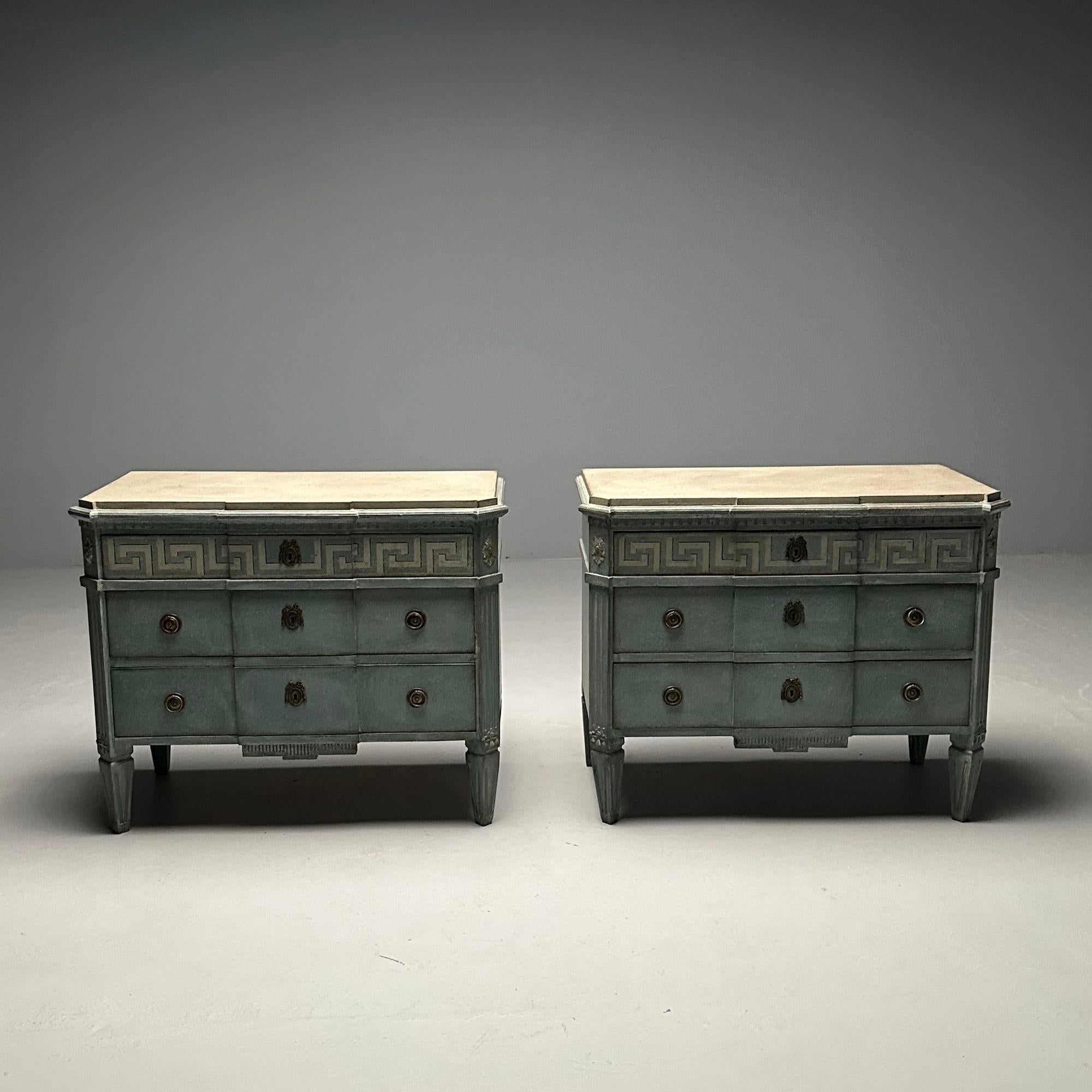 Gustavian, Swedish Commodes, Chests or Nightstands, Blue Paint Distressed, Brass, Sweden, 19th/20th Century

Stunning pair of three drawer chests, commodes or nightstands having a Swedish finish in a alluring parcel white and celeste blue painted