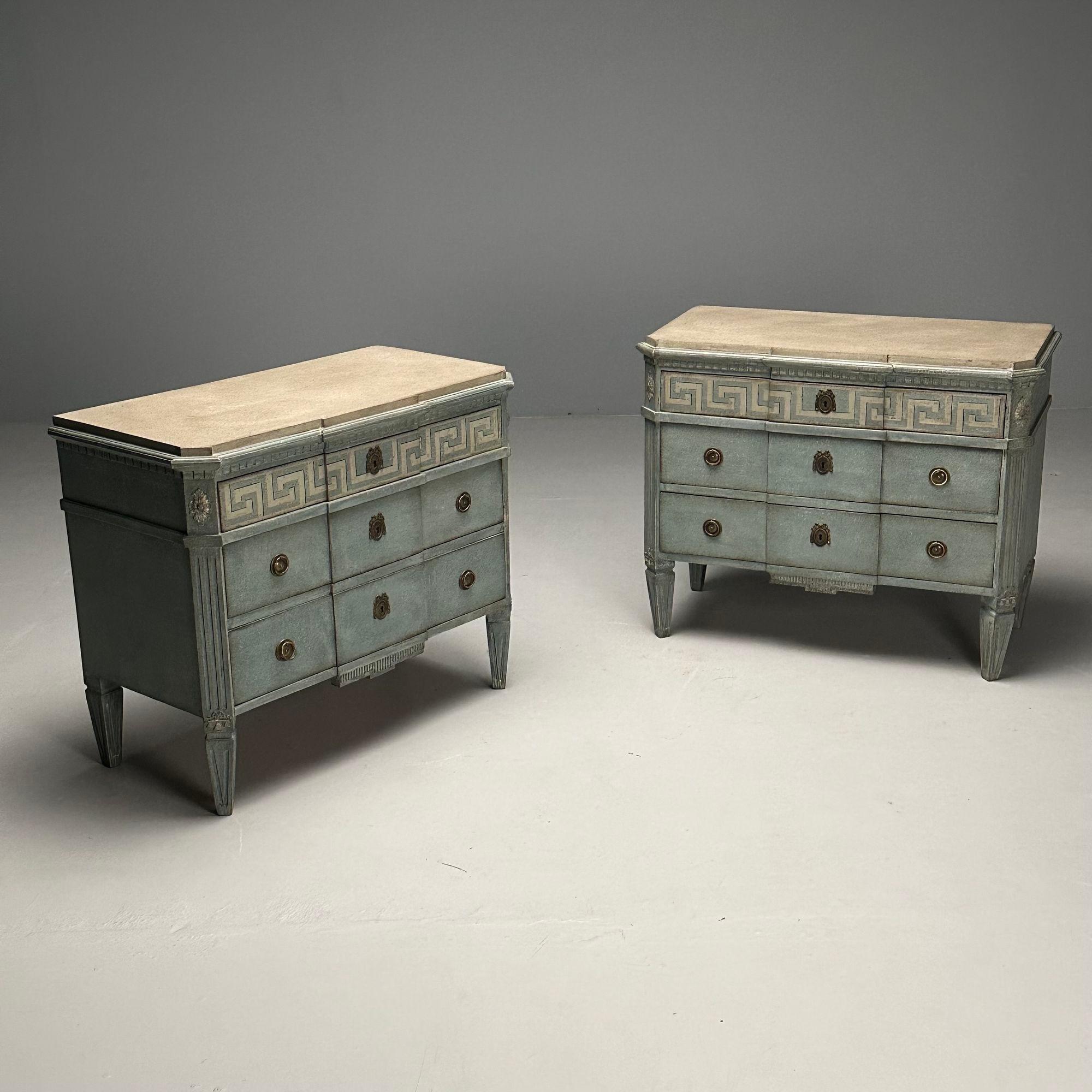 Gustavian, Swedish Commodes, Blue Paint Distressed, Brass, Sweden, Greek Key In Good Condition For Sale In Stamford, CT