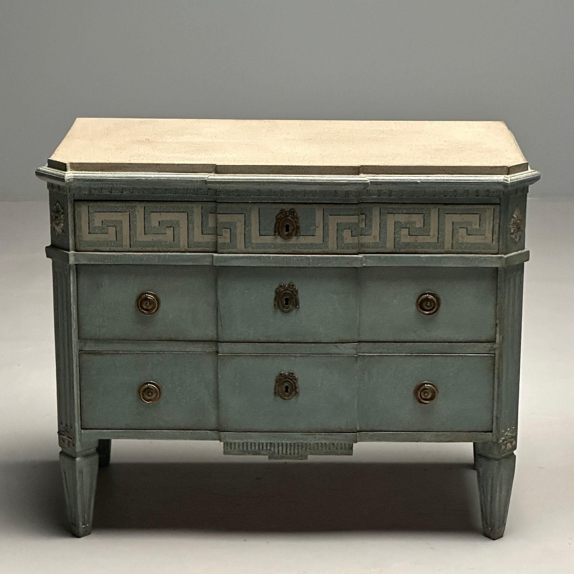 Wood Gustavian, Swedish Commodes, Blue Paint Distressed, Brass, Sweden, Greek Key For Sale