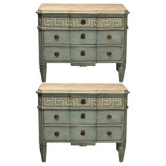 Gustavian, Swedish Commodes, Blue Paint Distressed, Brass, Sweden, Greek Key