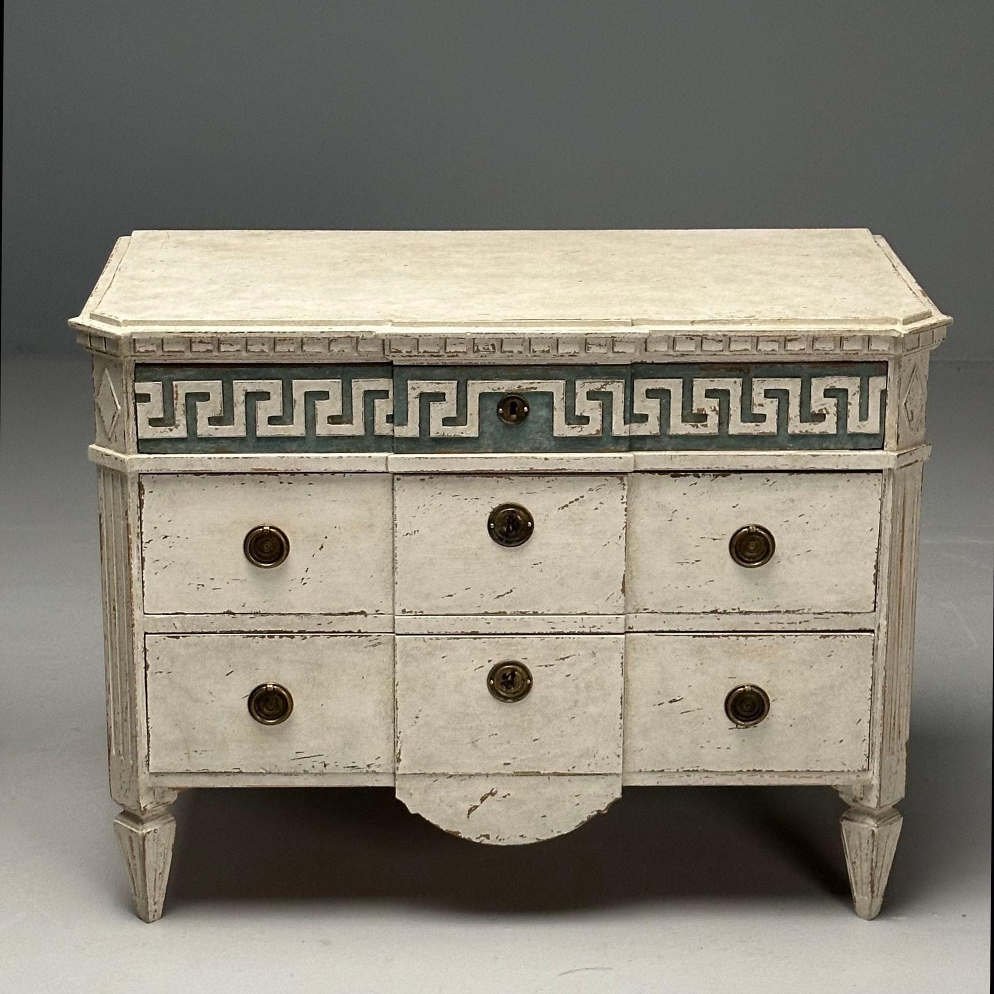 Gustavian, Swedish Painted Commodes, Greek Key, White and Blue Paint Distressed For Sale 1