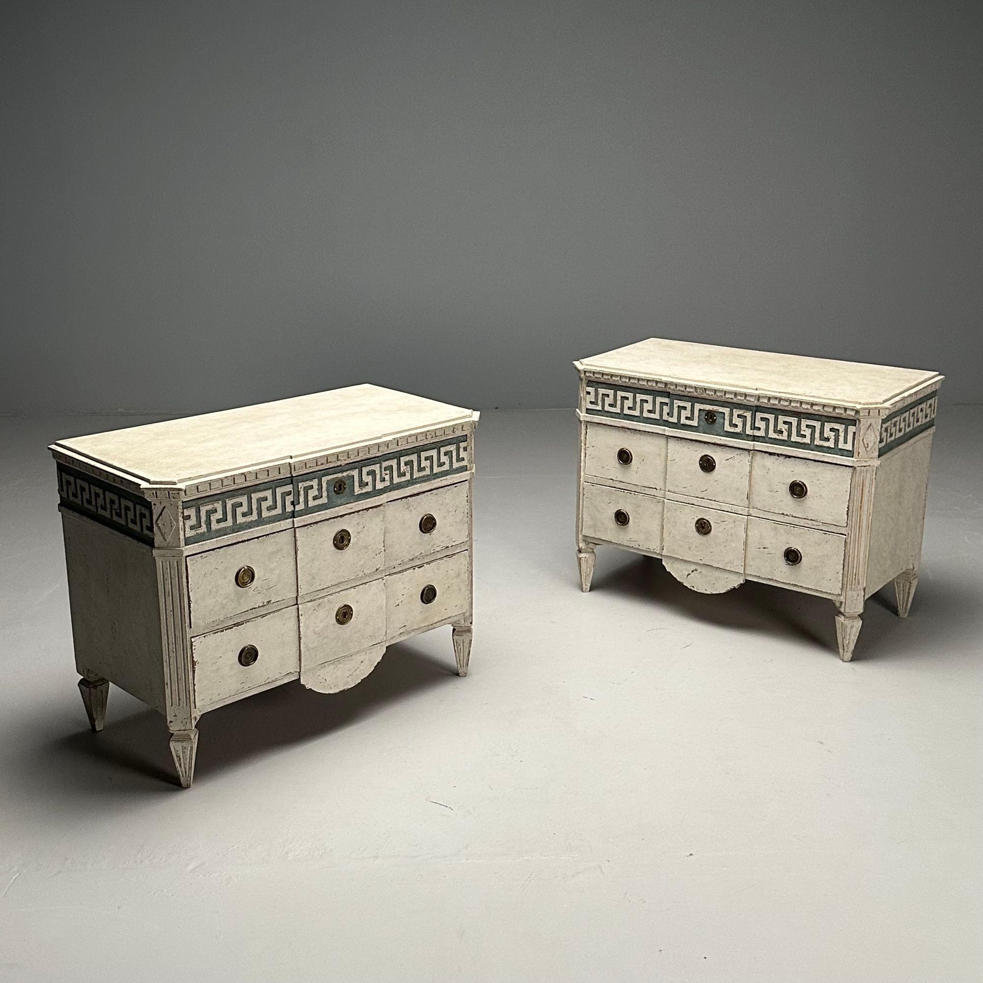 Gustavian, Swedish Painted Commodes, Greek Key, White and Blue Paint Distressed For Sale 2