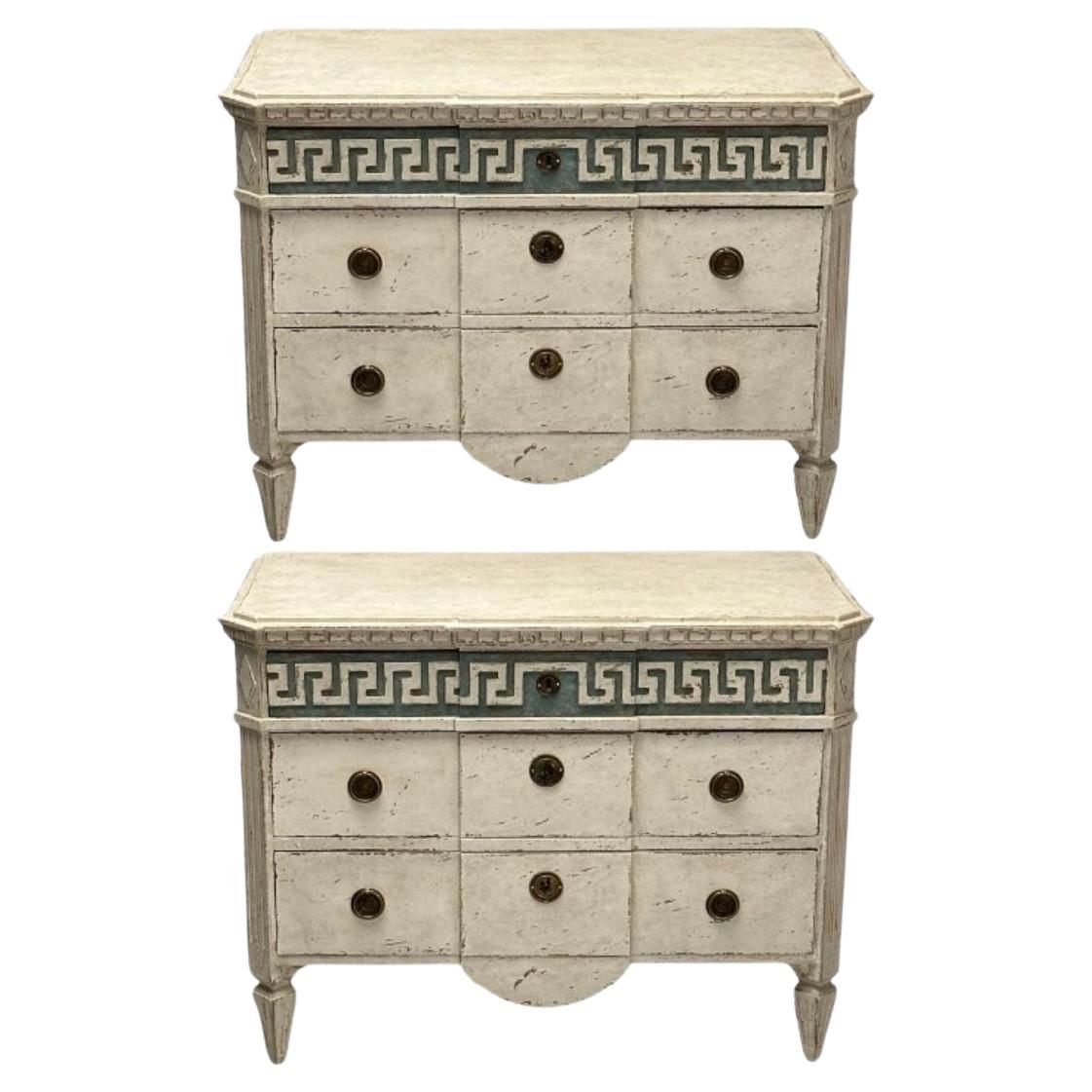 Gustavian, Swedish Painted Commodes, Greek Key, White and Blue Paint Distressed For Sale