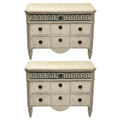 Antique Gustavian, Swedish Painted Commodes, Greek Key, White and Blue Paint Distressed